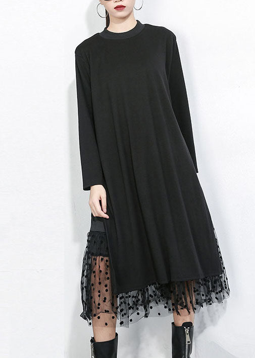 Black Asymmetrical Tulle Patchwork Cotton Maxi Dresses Spring