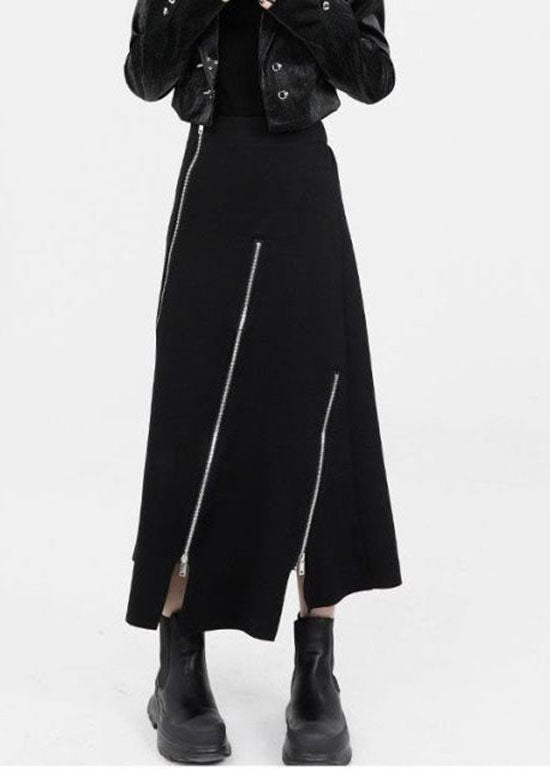 Black Asymmetrical Zippered Cotton Skirts Summer