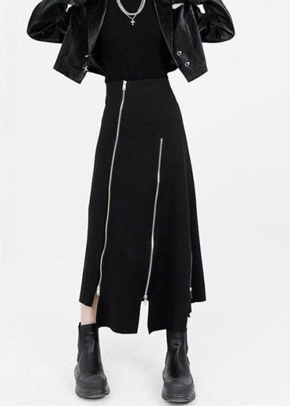 Black Asymmetrical Zippered Cotton Skirts Summer