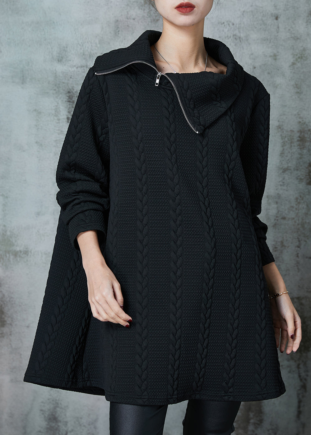 Black Asymmetrical Zippered Knit Sweatshirt Spring