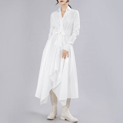 Black Asymmetrical Tie Waist Long Dresses Long Sleeve
