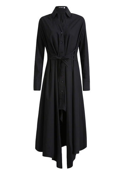 Black Asymmetrical Tie Waist Long Dresses Long Sleeve
