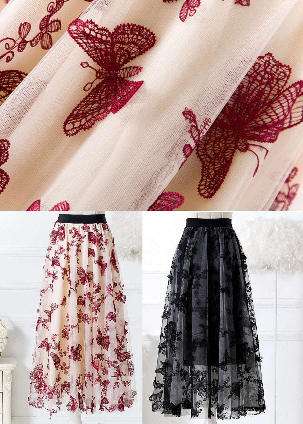 Black Butterfly Elastic Waist Tulle a Line Skirts Spring