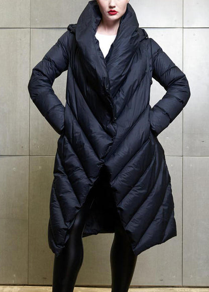 Black Button Patchwork Cotton Blend Coat Winter