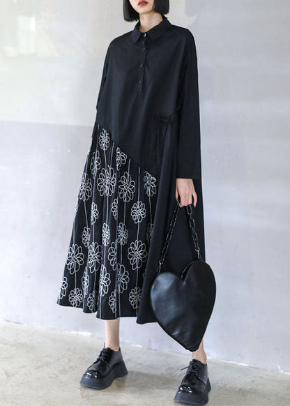 Black Button Patchwork Ruffled Fall Dress Long Sleeve