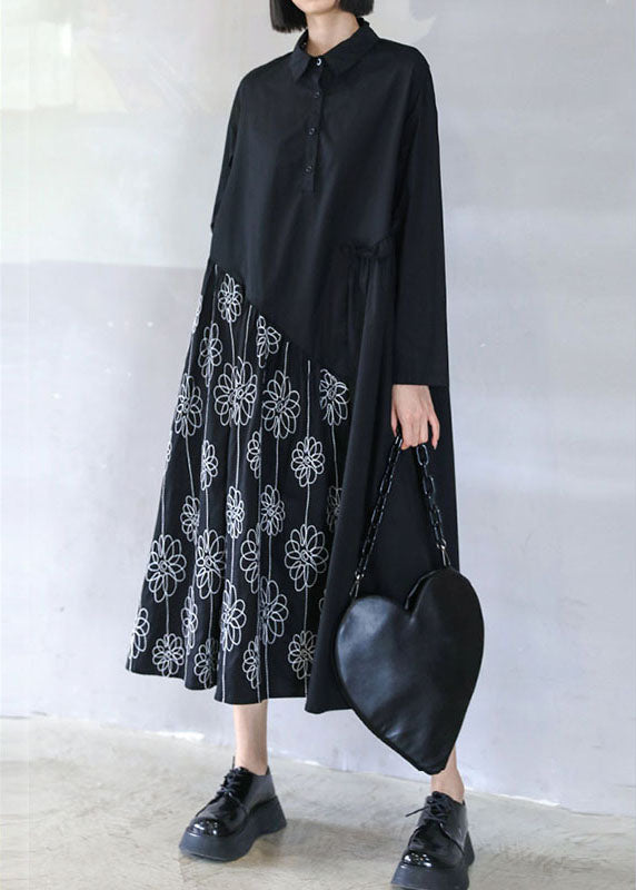 Black Button Patchwork Ruffled Fall Dress Long Sleeve