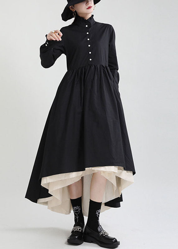 Black Button Patchwork Asymmetrical Design Fall Dresses Long Sleeve