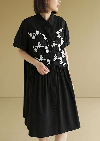 Black Button Peter Pan Collar Embroideried Cotton Shirt Pleated Dress Short Sleeve