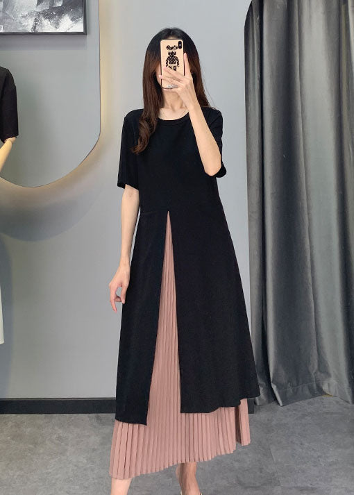 Black Chiffon Patchwork Side Open Dresses Short Sleeve