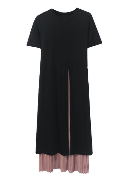 Black Chiffon Patchwork Side Open Dresses Short Sleeve