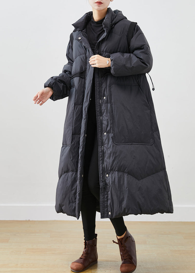 Black Cinched Big Pockets Cotton Blend Down Coat Winter