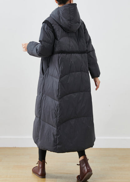 Black Cinched Big Pockets Cotton Blend Down Coat Winter