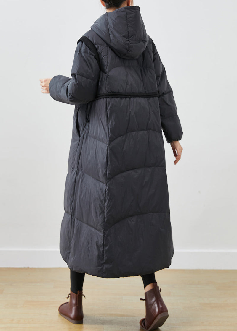 Black Cinched Big Pockets Cotton Blend Down Coat Winter