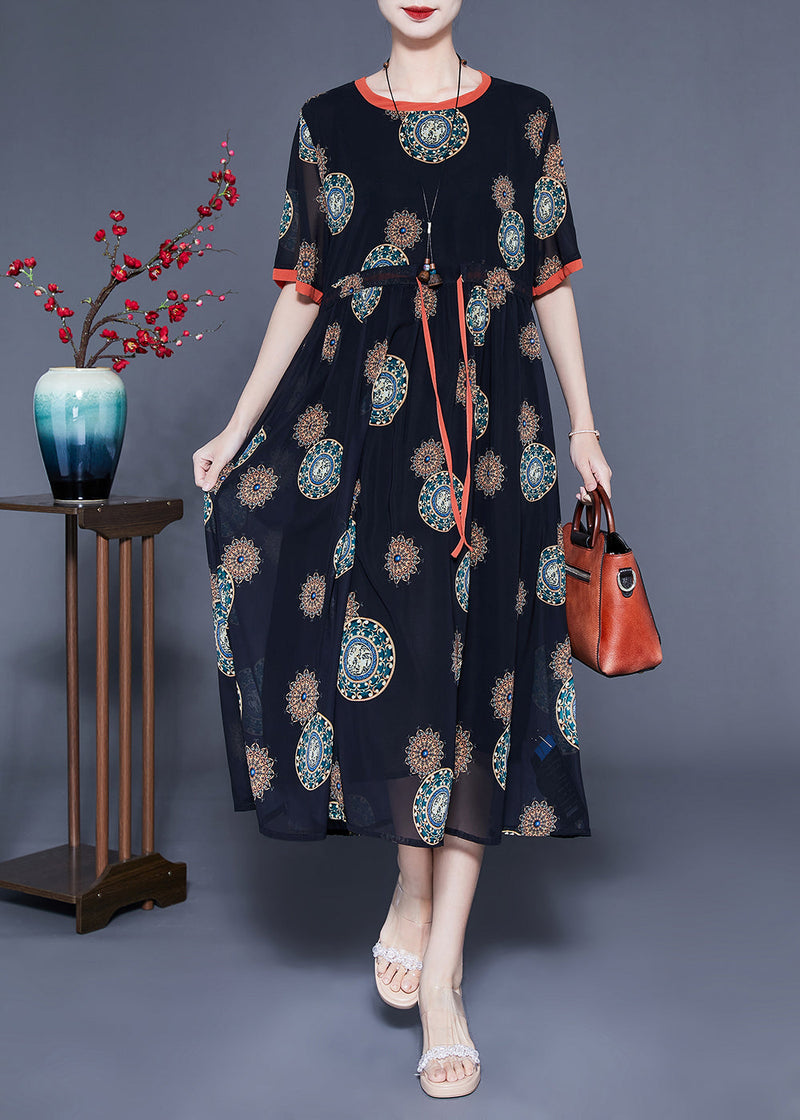 Black Cinched Print Chiffon Long Dress Summer
