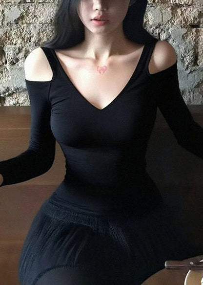 Women Black Cold Shoulder Cotton Shirts Spring