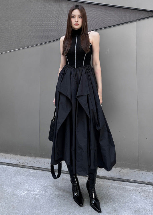 Black Cold Shoulder Patchwork Exra Large Hem Cotton Long Dresses Summer