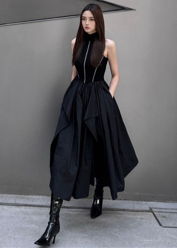 Black Cold Shoulder Patchwork Exra Large Hem Cotton Long Dresses Summer