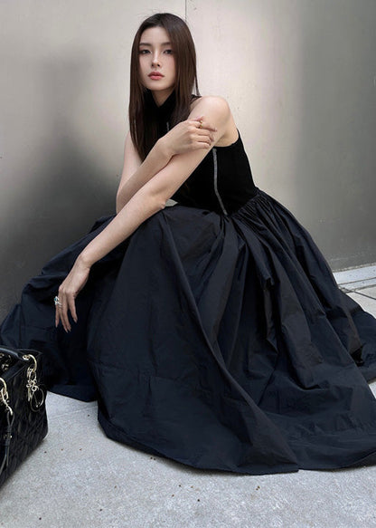 Black Cold Shoulder Patchwork Exra Large Hem Cotton Long Dresses Summer