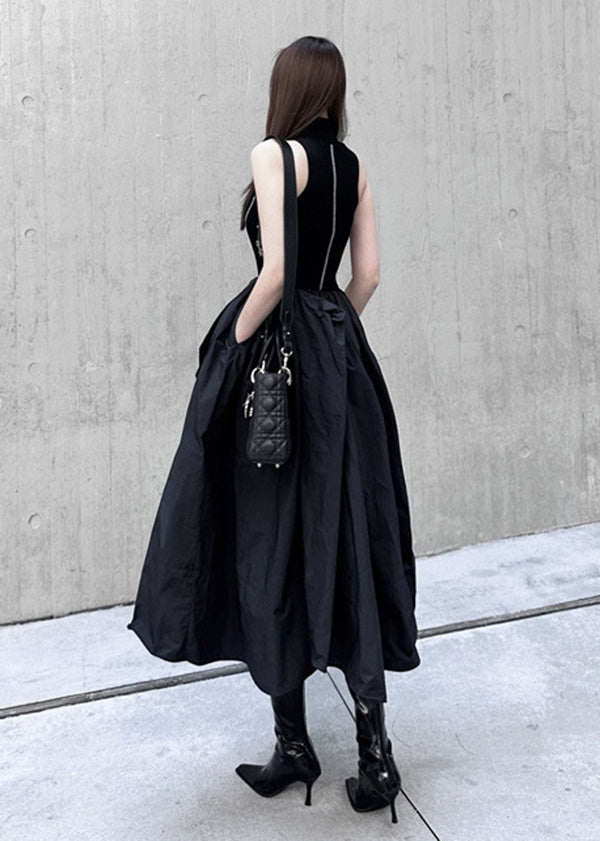 Black Cold Shoulder Patchwork Exra Large Hem Cotton Long Dresses Summer
