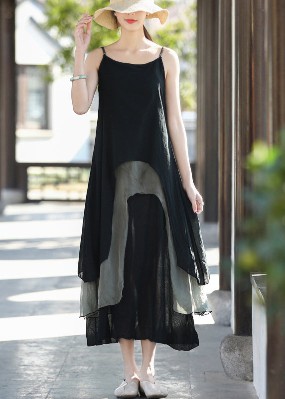 Black Colorblock Sied Open Cotton Spaghetti Strap Dresses Summer