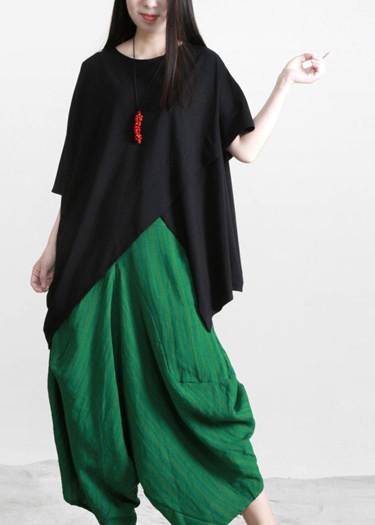 Black Cotton O Neck Asymmetric Tee