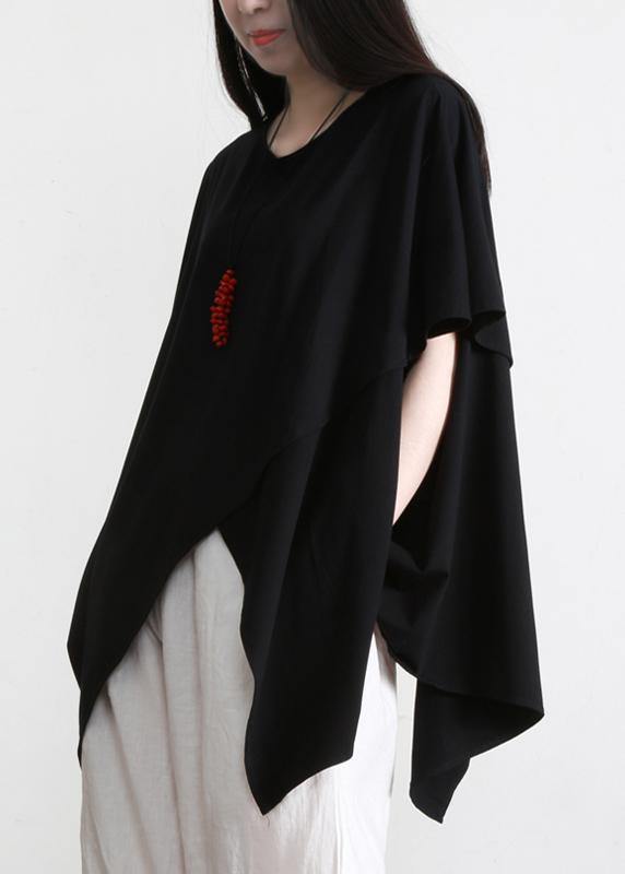 Black Cotton O Neck Asymmetric Tee