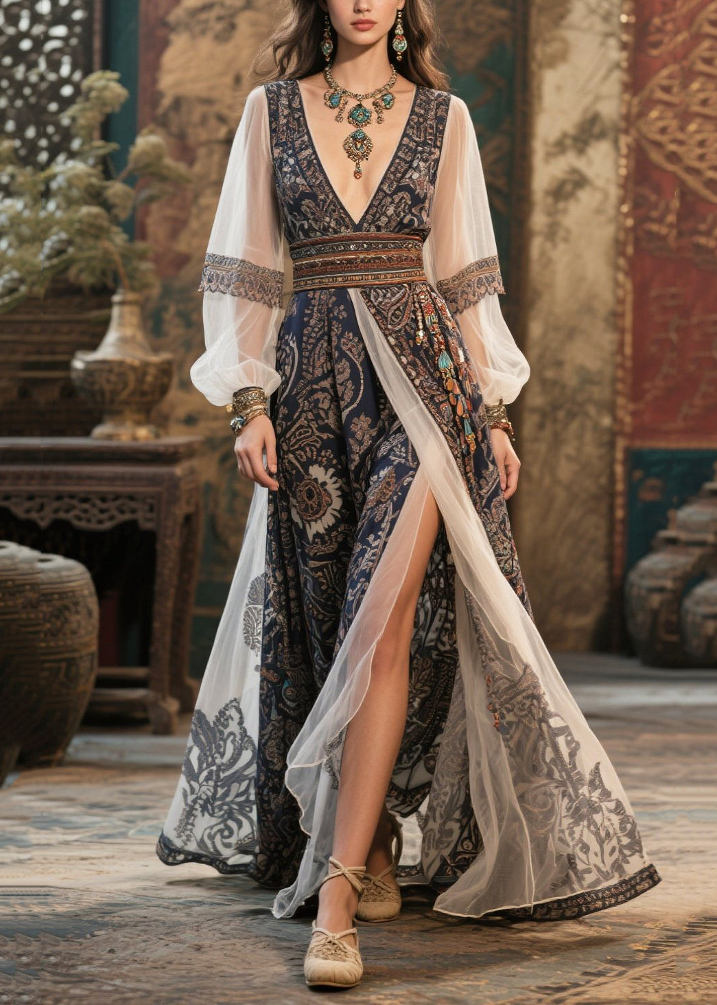 Black Deep-v Neck Print Chiffon Maxi Dresses Summer