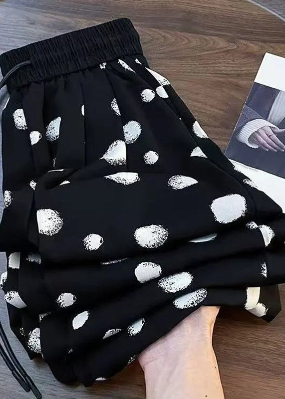 Black Dot Drawstring Chiffon Wide Leg Pants