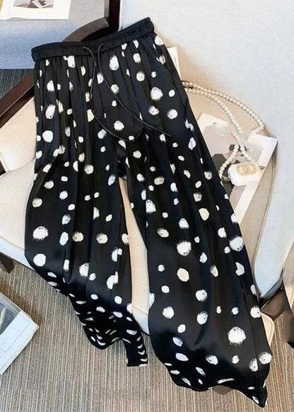 Black Dot Drawstring Chiffon Wide Leg Pants