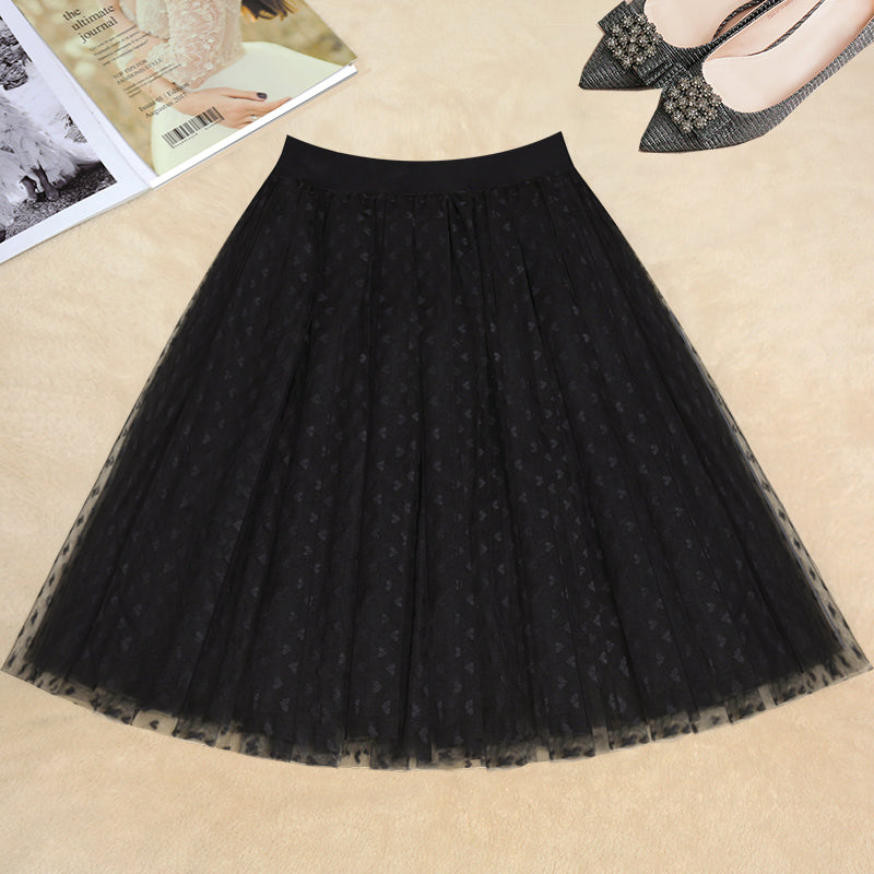 Black Dot Tulle Box Pleats Skirts Summer