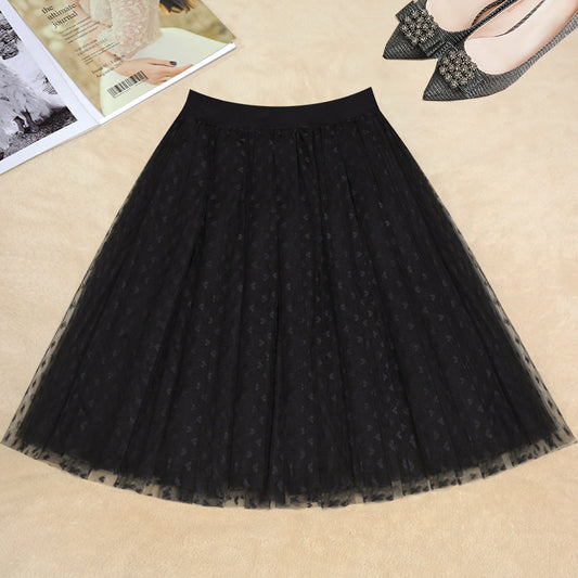 Black Dot Tulle Box Pleats Skirts Summer