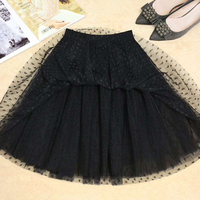 Black Dot Tulle Box Pleats Skirts Summer
