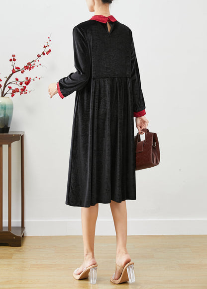 Black Double-layer Tasseled Silk Velour Dress Fall