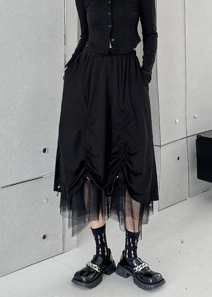Black Drawstring Elastic Waist Tulle Patchwork Skirt Summer