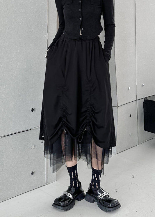 Black Drawstring Elastic Waist Tulle Patchwork Skirt Summer