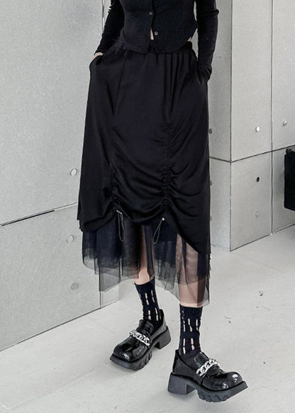 Black Drawstring Elastic Waist Tulle Patchwork Skirt Summer