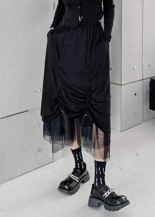 Black Drawstring Elastic Waist Tulle Patchwork Skirt Summer