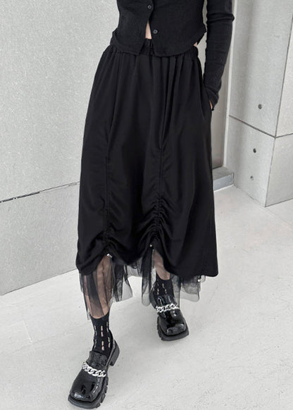Black Drawstring Elastic Waist Tulle Patchwork Skirt Summer