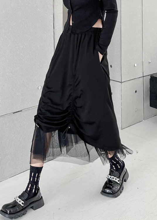 Black Drawstring Elastic Waist Tulle Patchwork Skirt Summer