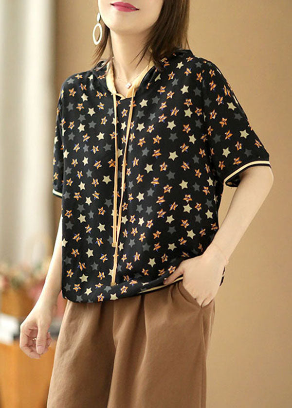Black Drawstring Hooded Pentagram Print Silk Top Summer