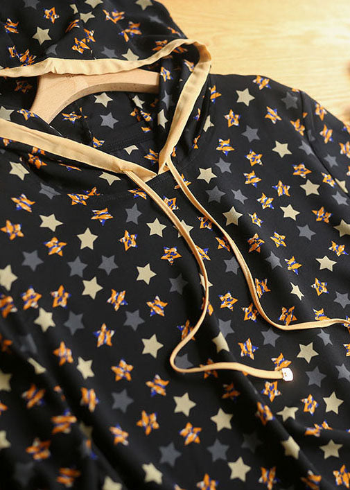 Black Drawstring Hooded Pentagram Print Silk Top Summer