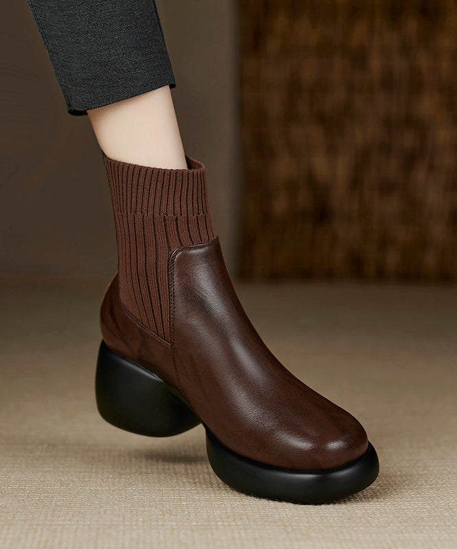Black Elastic Fabric Splicing Cowhide Leather Chunky Boots