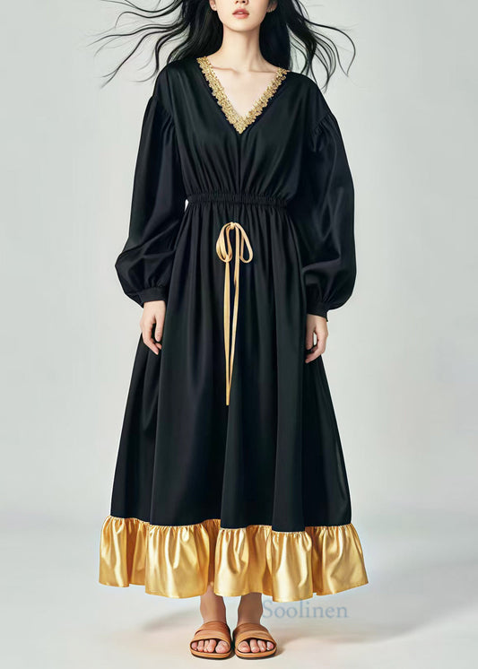 Black Elastic Waist Patchwork Exra Large Hem Cotton Dress Spring
