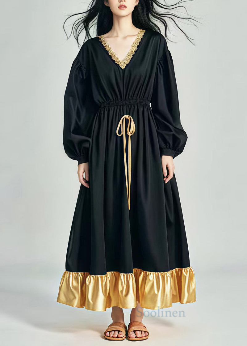 Black Elastic Waist Patchwork Exra Large Hem Cotton Dress Spring