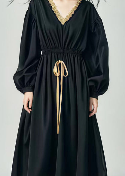 Black Elastic Waist Patchwork Exra Large Hem Cotton Dress Spring