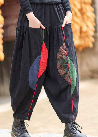 Black Elastic Waist Pockets Patchwork Warm Fleece Pants Winter