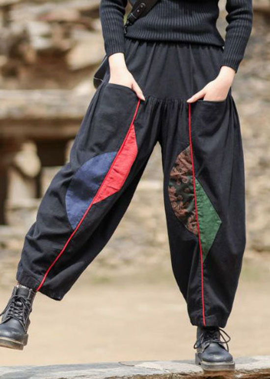 Black Elastic Waist Pockets Patchwork Warm Fleece Pants Winter