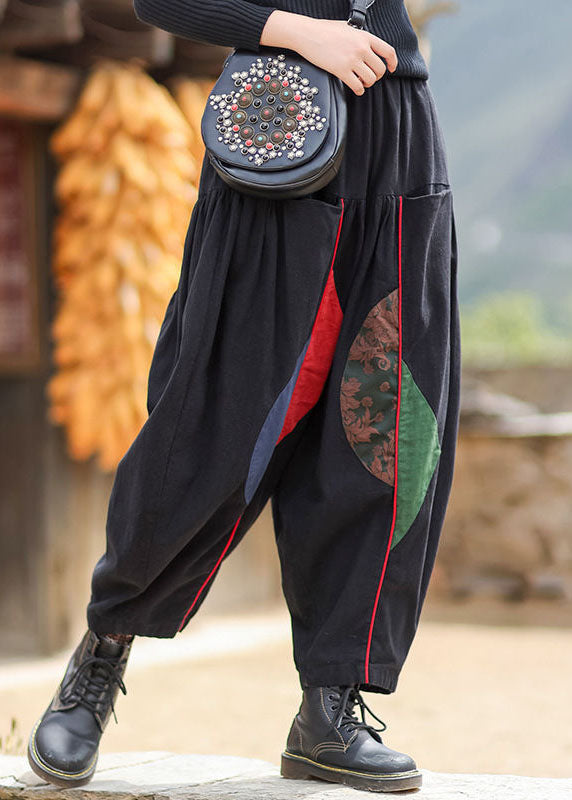 Black Elastic Waist Pockets Patchwork Warm Fleece Pants Winter