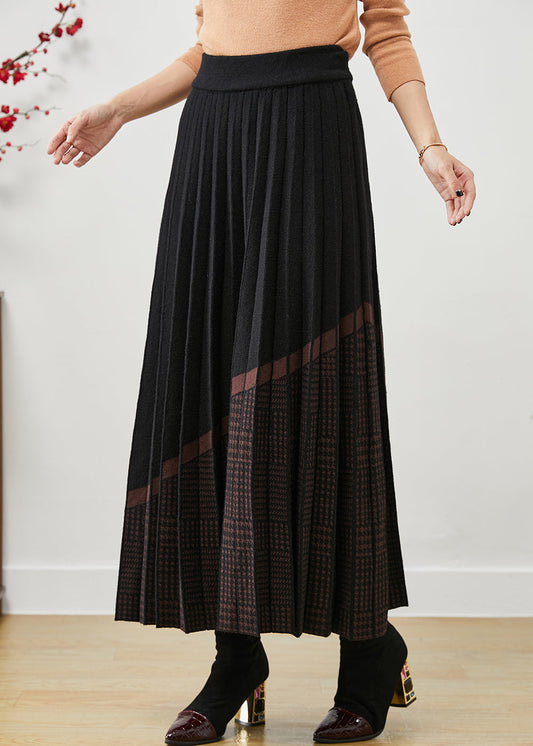 Black Elastic Waist Print Woolen Pleated Skirt Fall