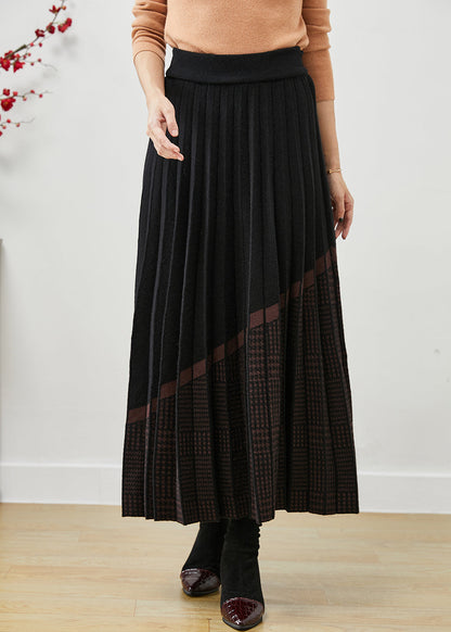 Black Elastic Waist Print Woolen Pleated Skirt Fall